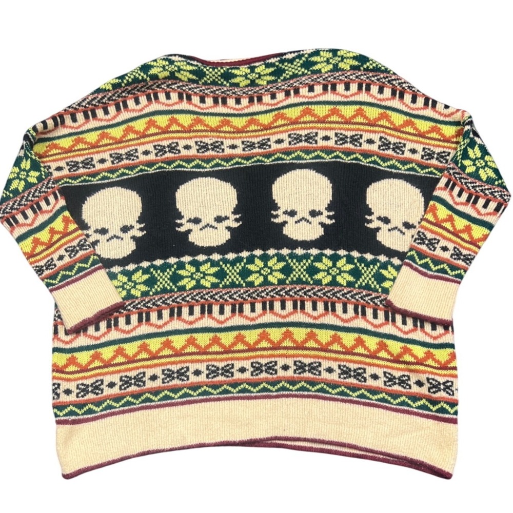 Jen's Pirate Booty Skull Fair Isle Oversized V-Neck Knit Sweater P/S Multi - Picture 6 of 6
